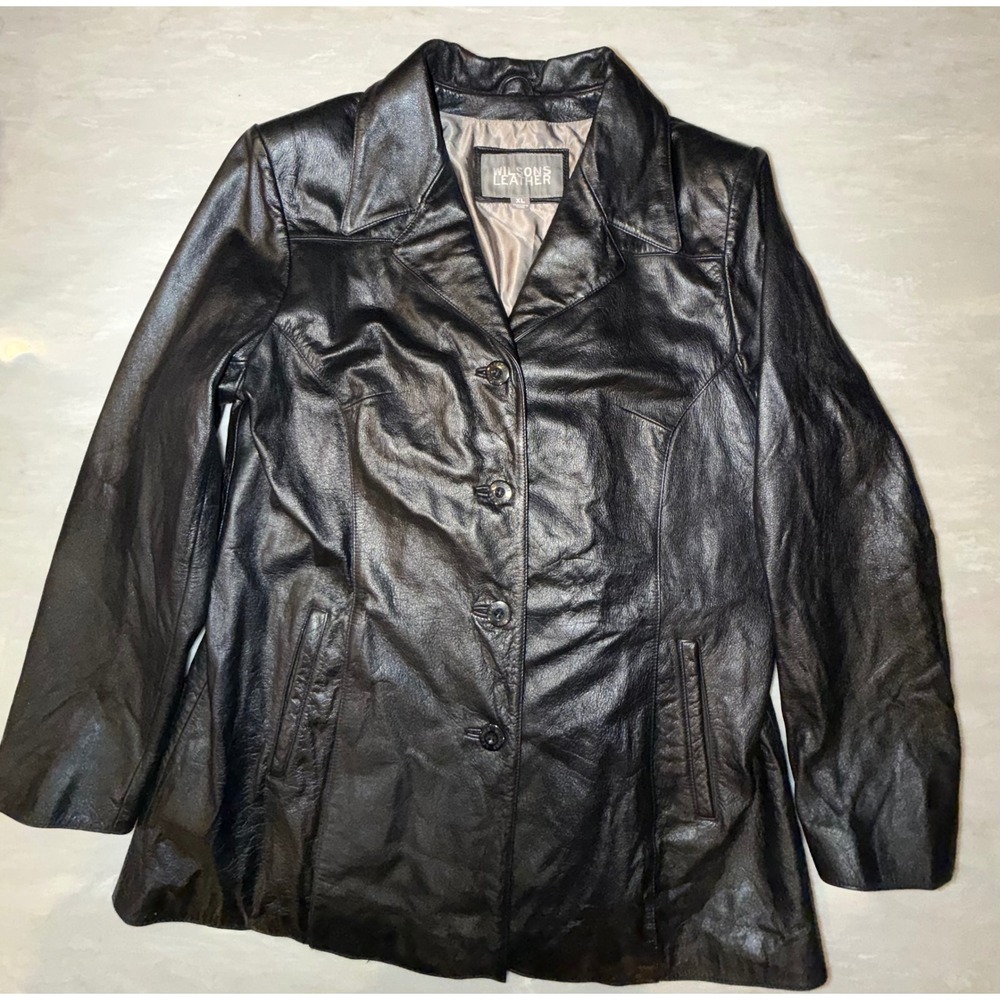 Wilsons Leather Black Genuine Leather Jacket Blazer Women XL Button Front Coat